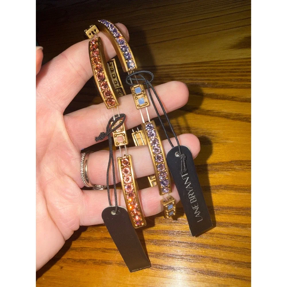 Lane Bryant Set of 2 Rhinestone Hinge Bangle Bracelets Purple Orange Gold Tone